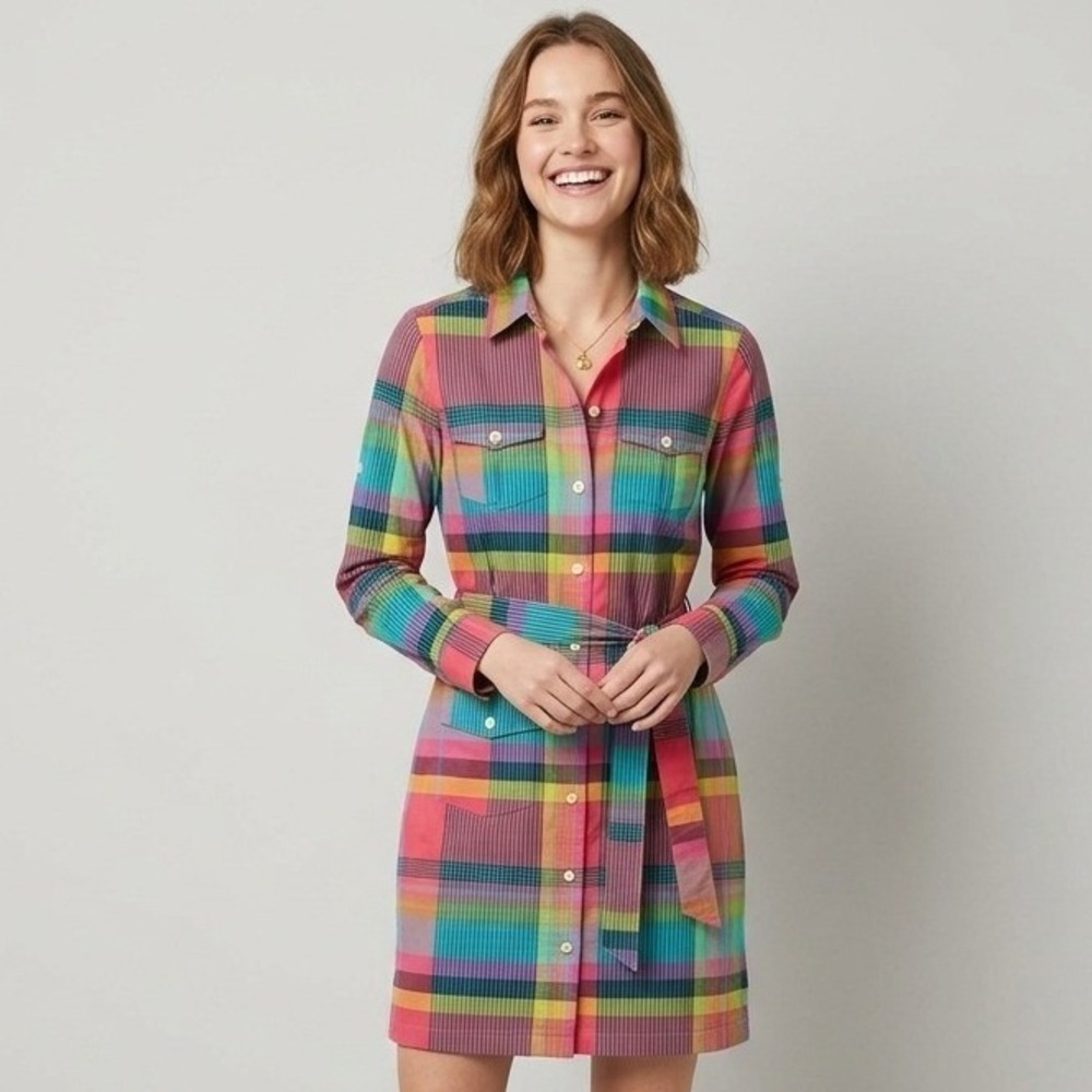 L.L. Bean Shirt Dress Womens 0 Rainbow Plaid Belted Cotton Mini 276063